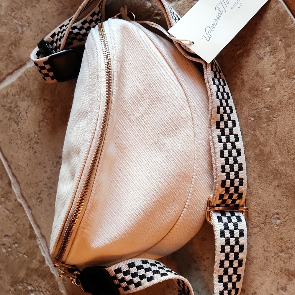 NWT Universal Thread cream colored canvas belt bag with checkered strap